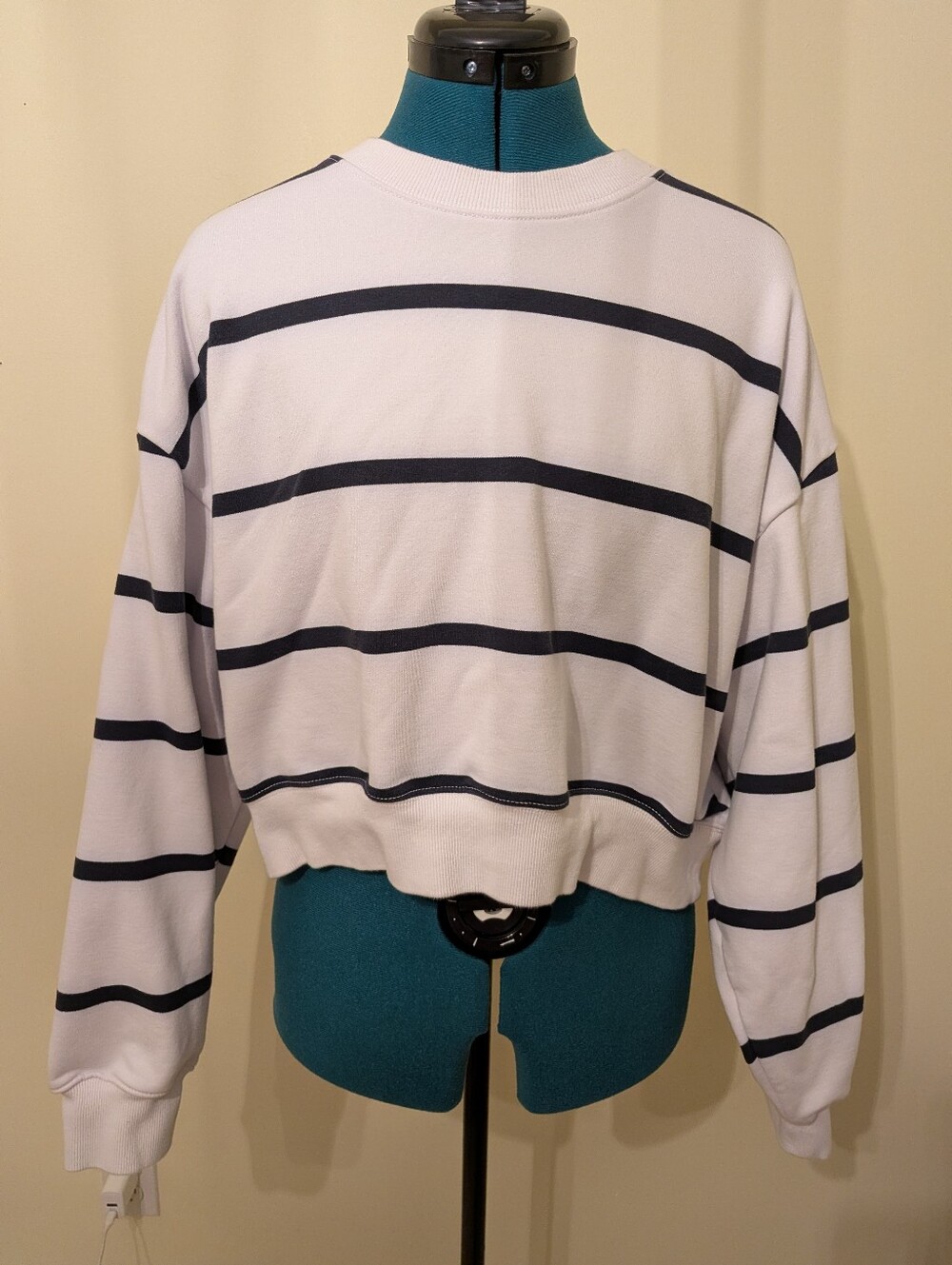 Athleta White Crewneck Sweater with Navy Stripes